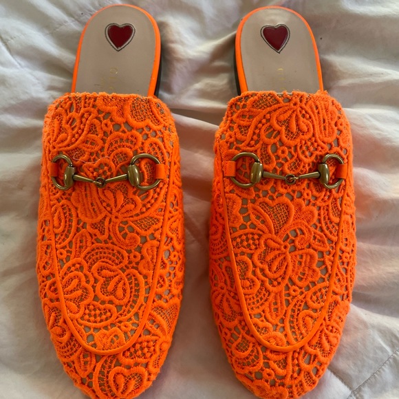 Gucci Shoes - Authentic Gucci orange floral lace horsebit princetown mules size 38
